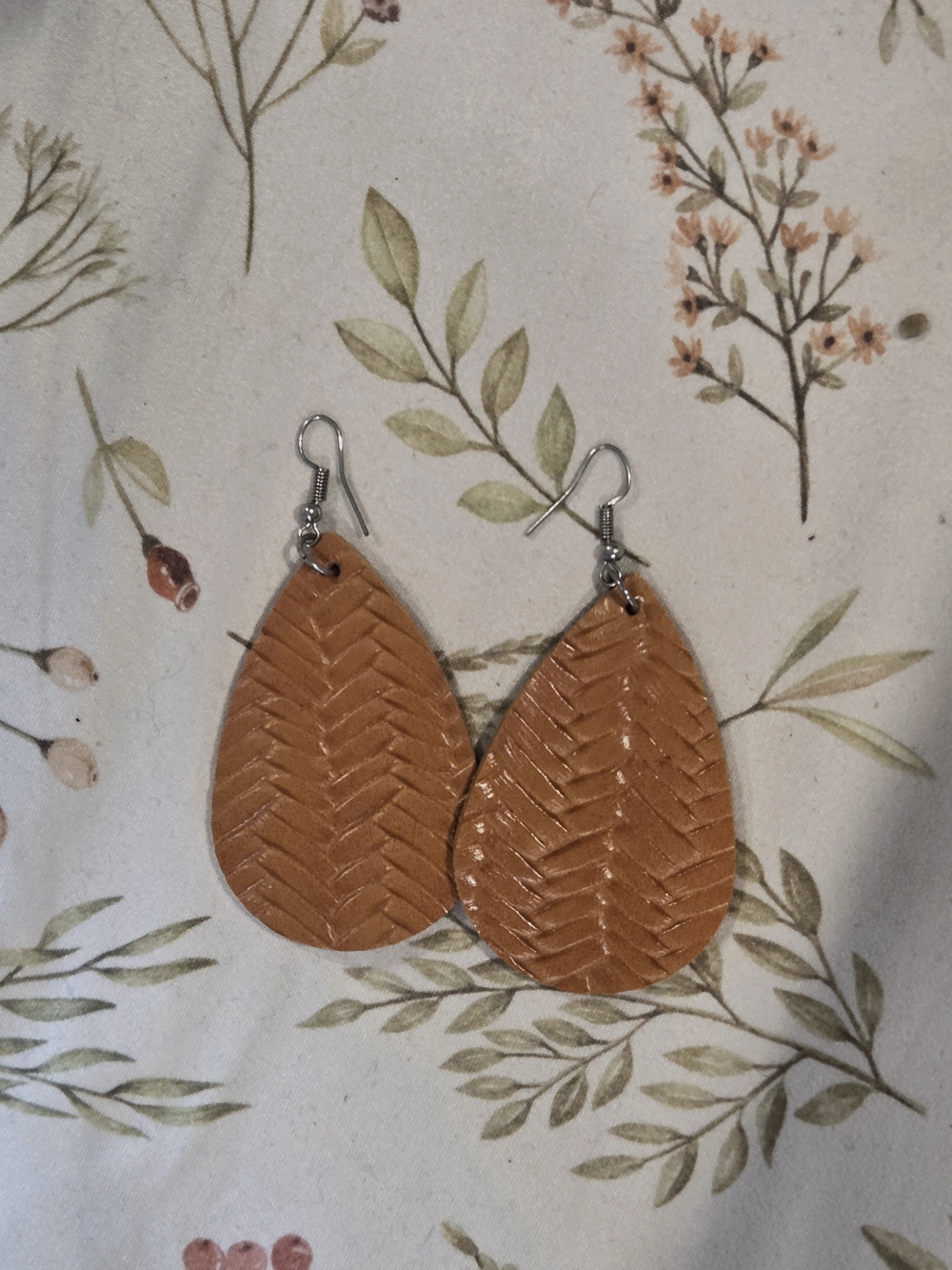 Tan Teardrop Herringbone Faux Leather Earrings - Lightweight Dangle